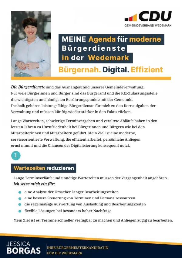 Erste Seite der Broschüre „Meine Agenda für moderne Bürgerdienste in der Wedemark“ von Jessica Borgas im CDU-Design