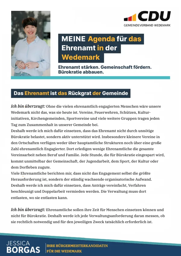 Erste Seite der Broschüre „Meine Agenda für das Ehrenamt in der Wedemark“ von Jessica Borgas im CDU-Design