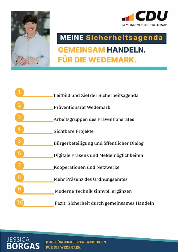 Titelseite der Broschüre „Sicherheitsagenda für die Wedemark“ von Jessica Borgas im CDU-Design